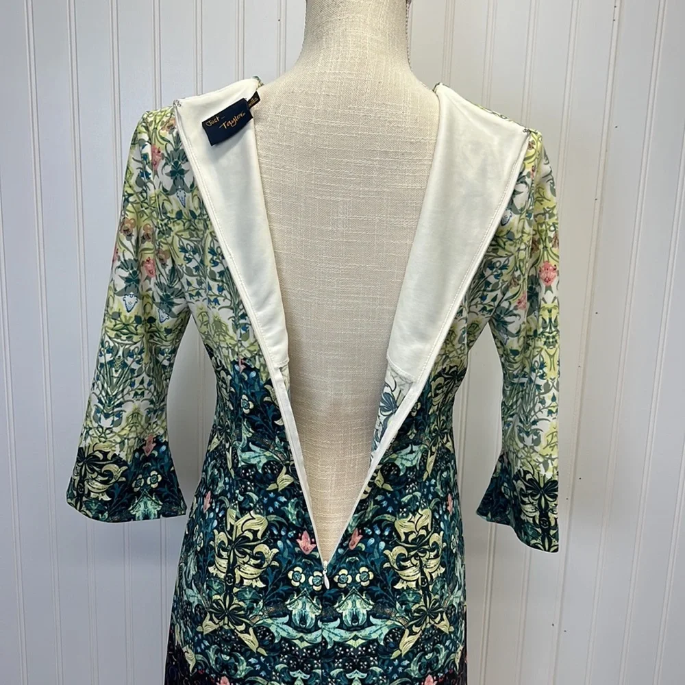Just Taylor Garden Party Beaded Neckline Trumpet Sleeve‎ Sheath Dress Sz 4